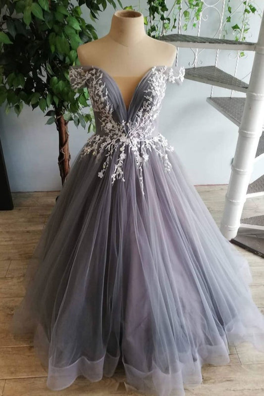 GRAY TULLE LACE LONG PROM DRESS, GRAY TULLE LACE FORMAL DRESS cg2495