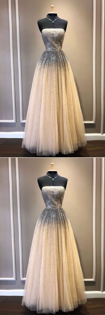 CHAMPAGNE TULLE SEQUIN LONG PROM DRESS, TULLE FORMAL DRESS cg2498
