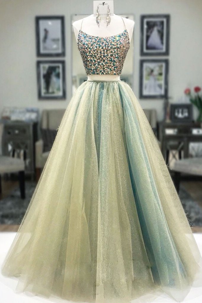 UNIQUE TWO PIECES TULLE BEADS LONG PROM DRESS, TULLE FORMAL DRESS cg2499