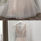 UNIQUE V NECK TULLE BEADS LONG PROM DRESS, CHAMPAGNE EVENING DRESS cg2500