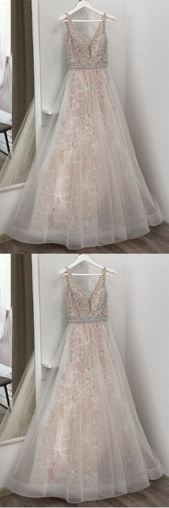 UNIQUE V NECK TULLE BEADS LONG PROM DRESS, CHAMPAGNE EVENING DRESS cg2500