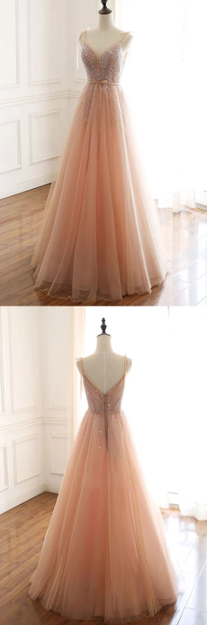 CHAMPAGNE TULLE BEADS SEQUIN LONG PROM DRESS, EVENING DRESS cg2503