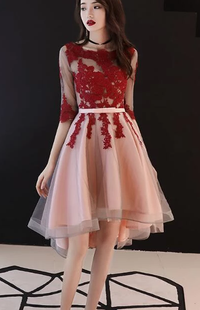 Beautiful 1/2 Sleeves High Low Red Lace Party Dress, Short homecoming Dress cg2507