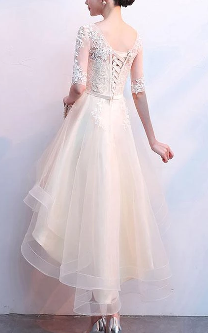 Cute Champagne Lace And Tulle Short Sleeves Party Dress, Homecoming Dress cg2509