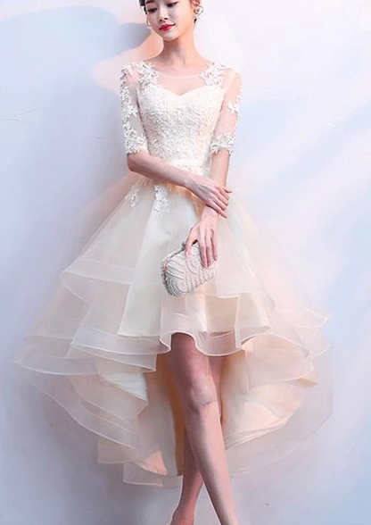 Cute Champagne Lace And Tulle Short Sleeves Party Dress, Homecoming Dress cg2509