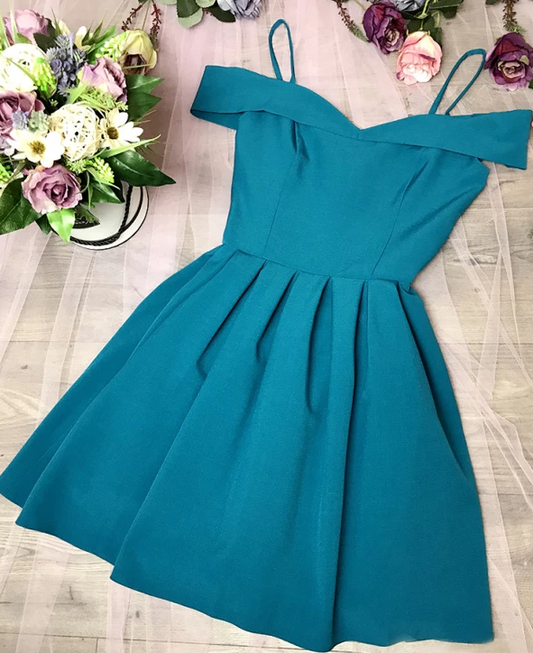 Turquoise Satin Off Shoulder Spaghetti Strap Homecoming Dresses cg2510