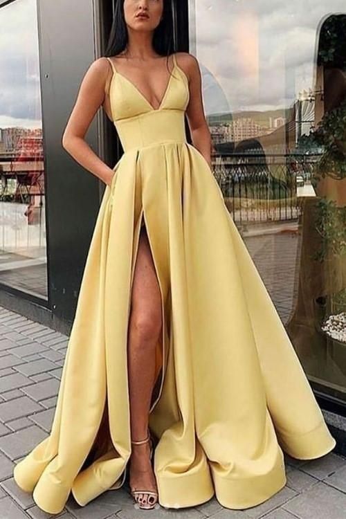 V-neckline Yellow Satin Long Prom Dresses with Pockets cg2515