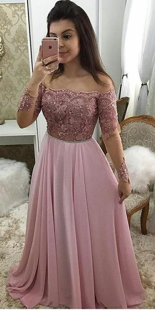 Off Shoulder Full Sleeves Long Prom Dress 2019 Custom Made Beaded Pink Evening Party Dress  cg2518