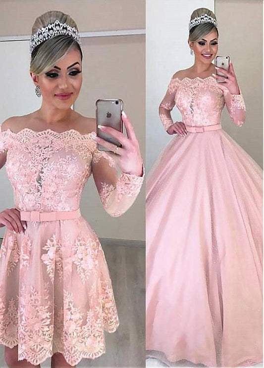 Unique Tulle Off-the-shoulder Neckline 2 In 1 prom Dresses With Lace Appliques & Bowknot & Detachable Skirt cg2521