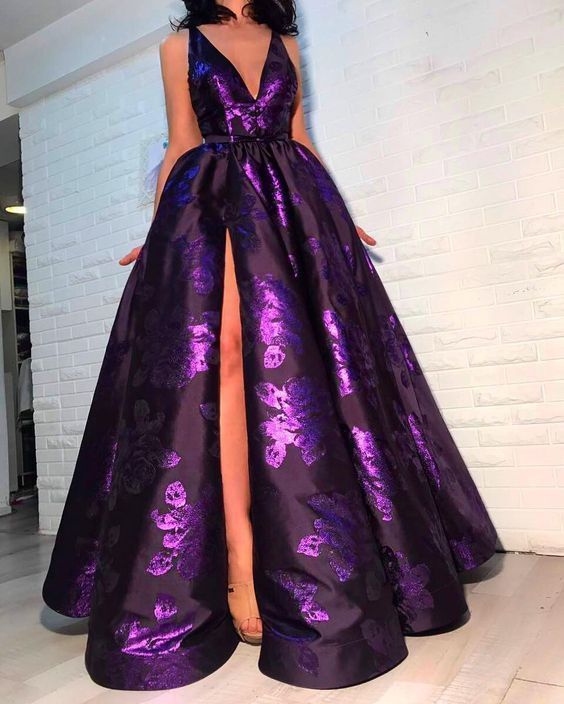 a-line prom dress,sexy high slit v-neck evening dress  cg2530