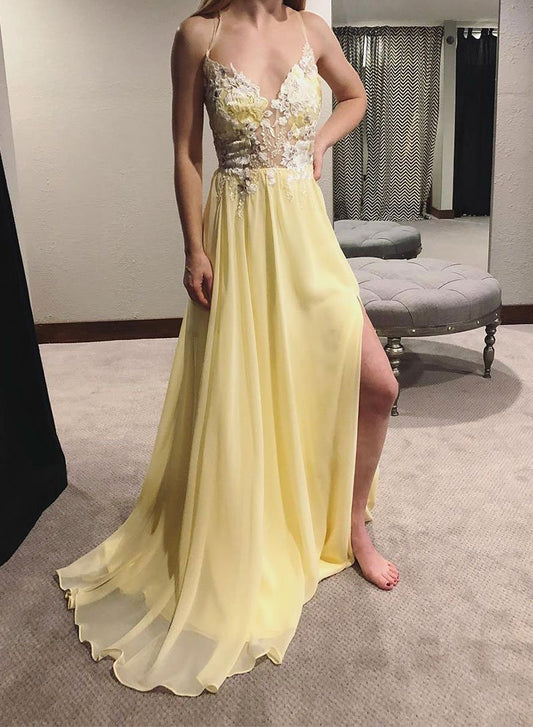 Yellow v neck chiffon lace long prom dress, evening dress cg2531