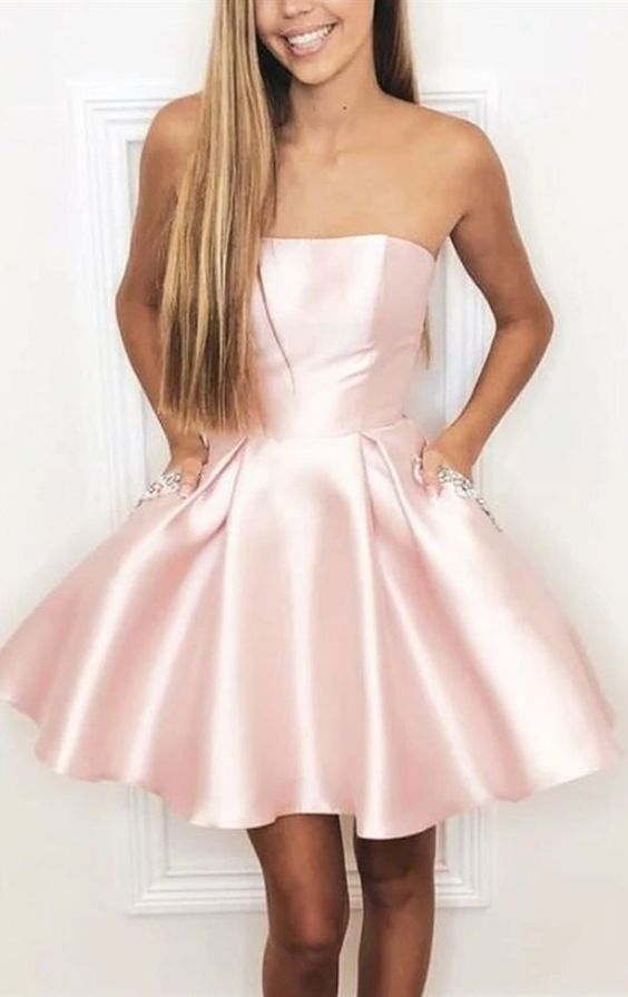 A Line Strapless pink Short Homecoming Dress With Pockets Beading cg2544