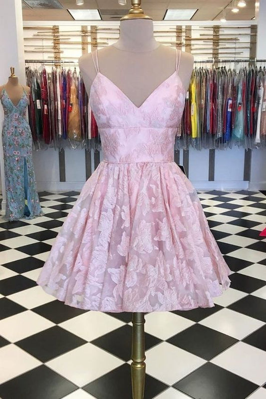 Pink v neck lace short dress, pink lace homecoming dress cg2551