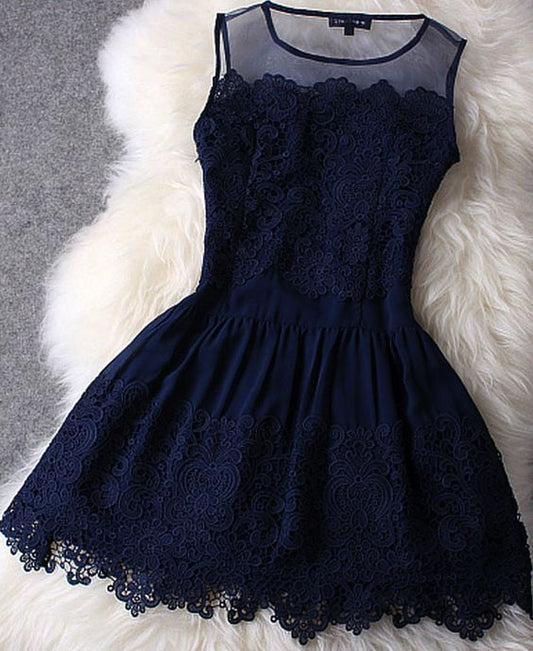 Dark Navy Blue Homecoming Dress,Simple Lace Princesses Dress,Casual Short Dress cg2558