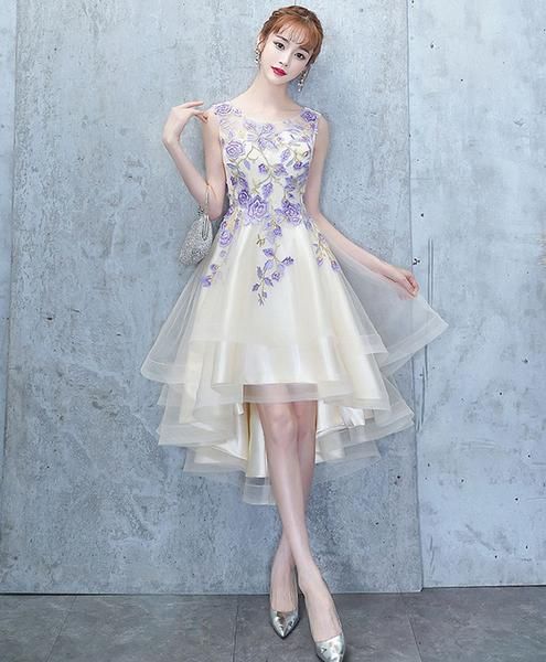 light champagne tulle lace short dress, lace homecoming dress cg2559