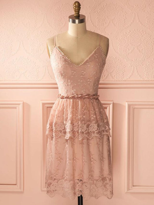 A-line Pink Lace Short Dress Spaghetti Straps Short Dresses Cheap Homecoming Dress  cg2561