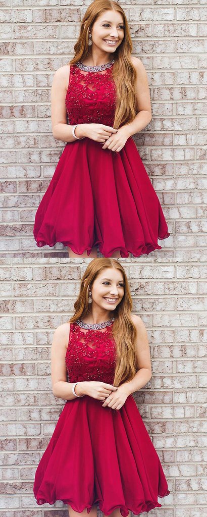 A-Line Round Neck Sleeveless Red Homecoming Dresses With Beading cg2566