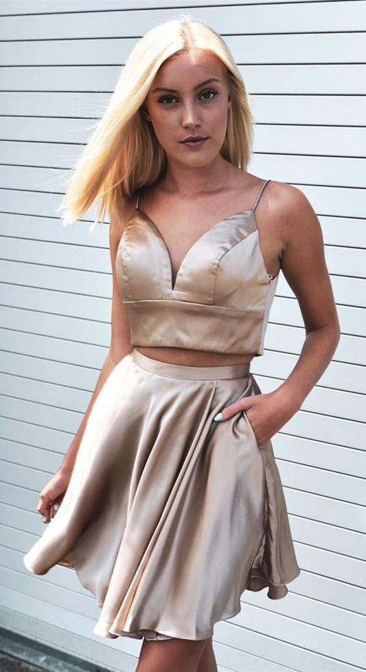 Two Pieces A Line spaghetti straps Champagne Homecoming Dress With Pockets cg2584