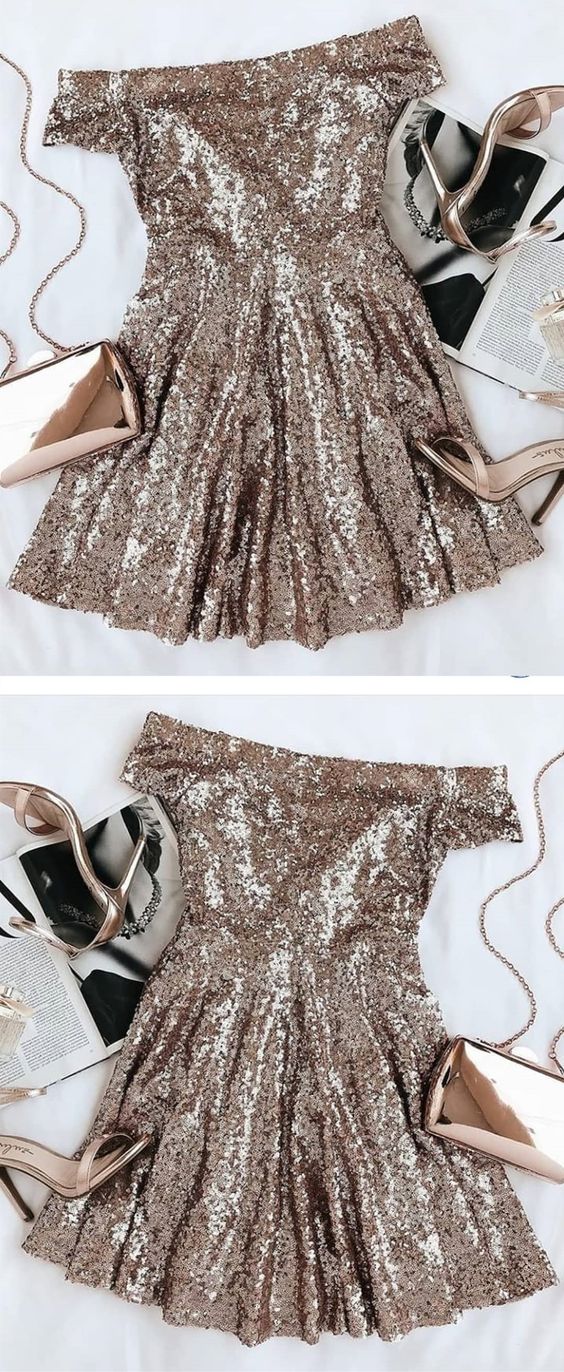 stunning gold seuqins homecoming dresses, off the shoulder cocktail party dresses, short sleeves homecoming dresses cg2587