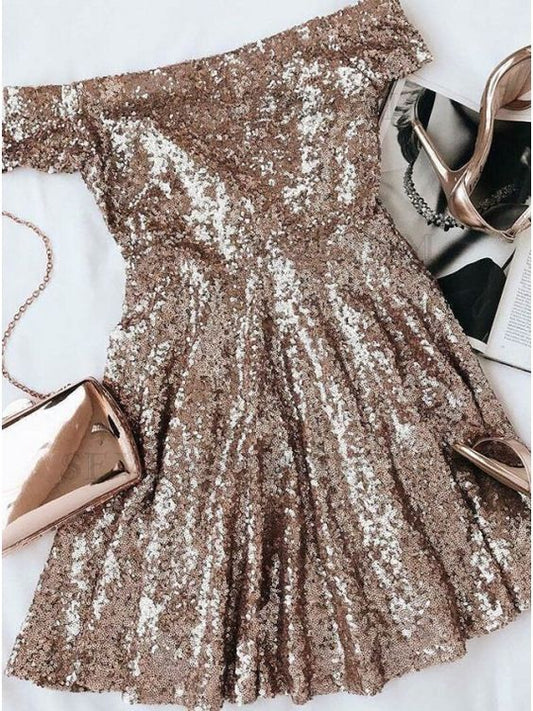 stunning gold seuqins homecoming dresses, off the shoulder cocktail party dresses, short sleeves homecoming dresses cg2587