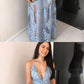 Blue tulle lace long prom dress, blue lace evening dress cg2602