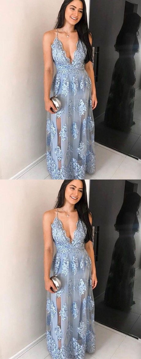 Blue tulle lace long prom dress, blue lace evening dress cg2602