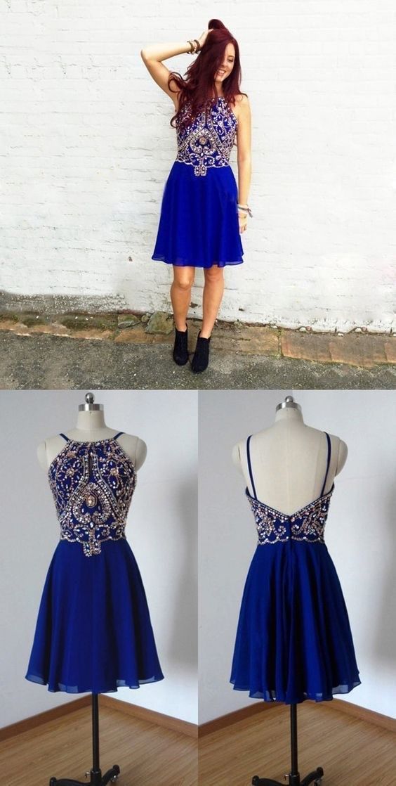 Open Back Homecoming Dresses Royal Blue Rhinesstone Aline Short Dress Party Dress  cg2603