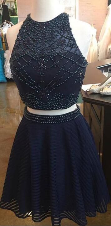 Two Piece Short Navy Blue Beads Homecoming Dress cg2609