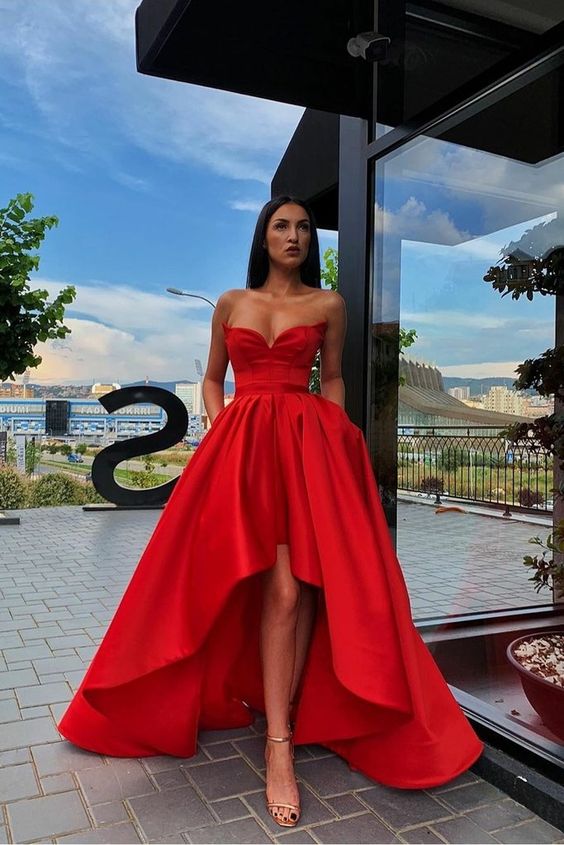 Red Satin Hi-lo Prom Gown Dress with Sweetheart Neckline cg2613