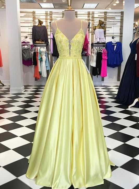Yellow v neck lace applique long prom dress, yellow evening dress cg2618