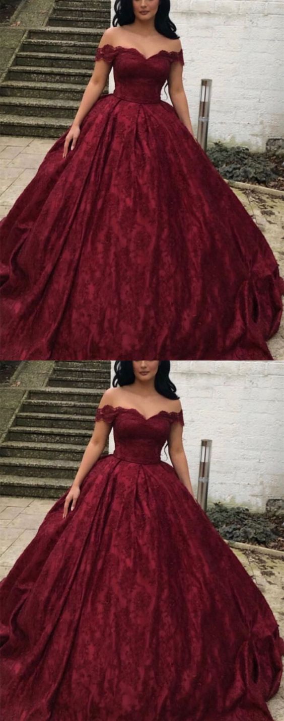 Charming Burgundy Lace Ball Gown Off Shoulder prom dress Wedding Dresses cg2623