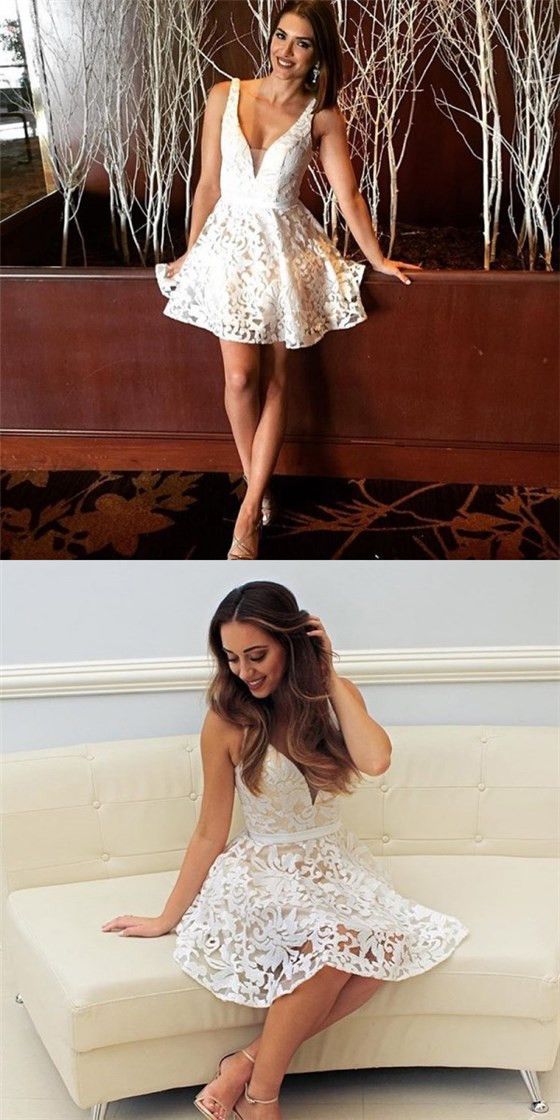 Sexy A-Line Spaghetti Strap V-Neck Short White Lace Homecoming Dresses cg2625