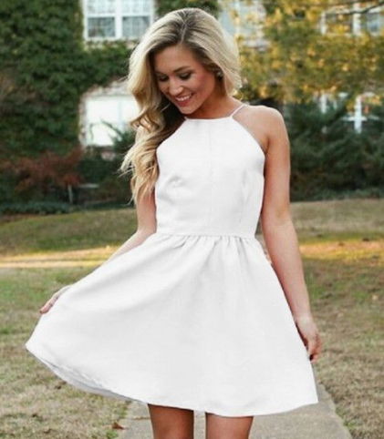Simple A Line Square Neck Backless Spaghetti Straps White Short Homecoming Dresses cg2630