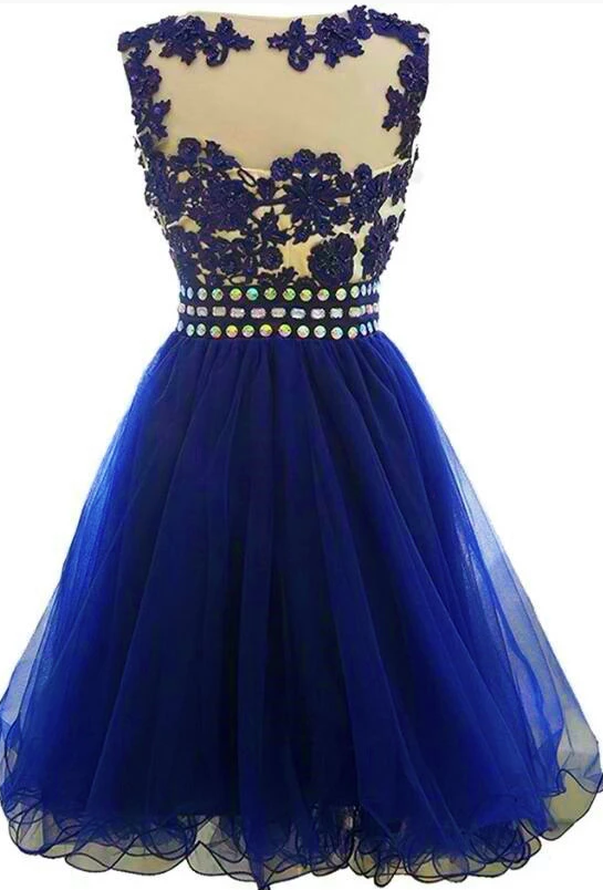 Cute Blue Knee Length Round Neckline Beade Party Dress, Blue Homecoming Dress cg2635