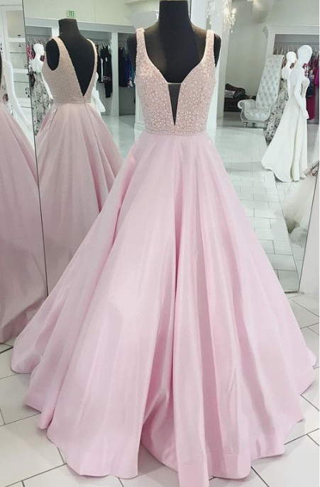 A-Line Prom Dress, Deep V-Neck Party Dress, Open Back Pink Evening Dress  cg2639