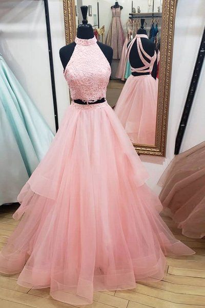 Pink Tulle Two Pieces O Neck Two Pieces Long Prom Dress, Evening Formal Dress cg2640