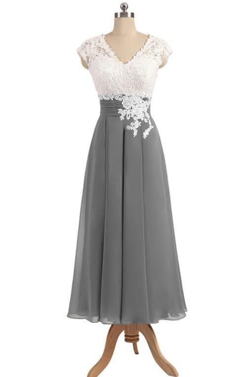 Ankle Length V Neck Cap Sleeves Silver Gray Mother of the Bride Dresses, prom dress with Appliques cg2650
