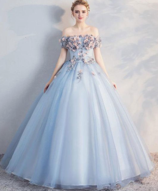 Blue tulle off shoulder long prom dress, sweet 16 dress cg2669