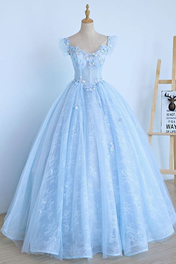 Light Blue Lace Cap Sleeve Long Sweet 16 Prom Dress, Evening Dress cg2674