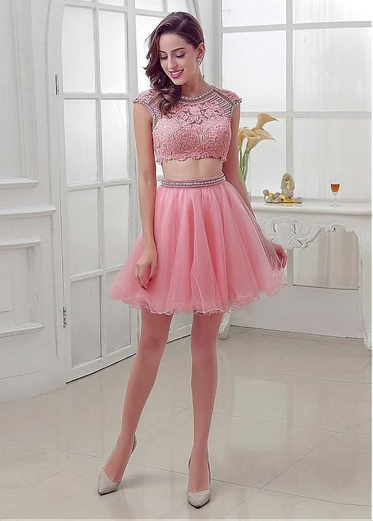 Chic Tulle Jewel Neckline A-Line Two-piece Homecoming Dresses With Lace  cg2675