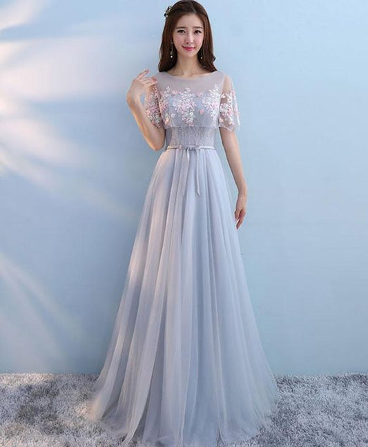 Cute gray tulle lace long prom dress, gray evening dress cg2678