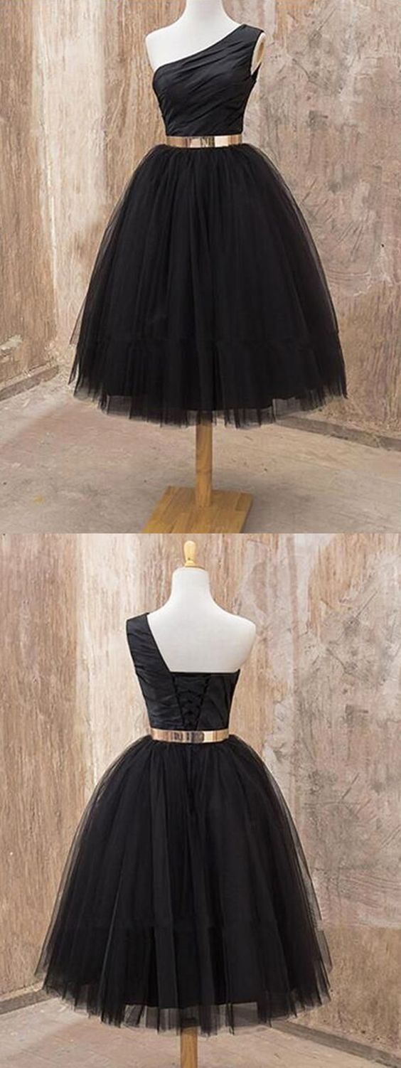 Cute A Line One Shoulder Black Tulle Short Homecoming Dresses with Metal Belt cg2689