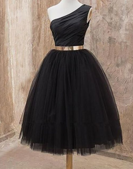 Cute A Line One Shoulder Black Tulle Short Homecoming Dresses with Metal Belt cg2689