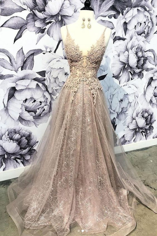 Champagne v neck tulle lace long prom dress, champagne tulle evening dress cg2696