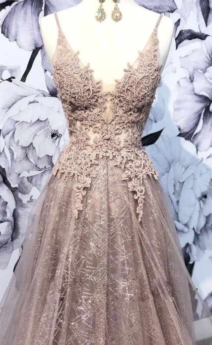 Champagne v neck tulle lace long prom dress, champagne tulle evening dress cg2696
