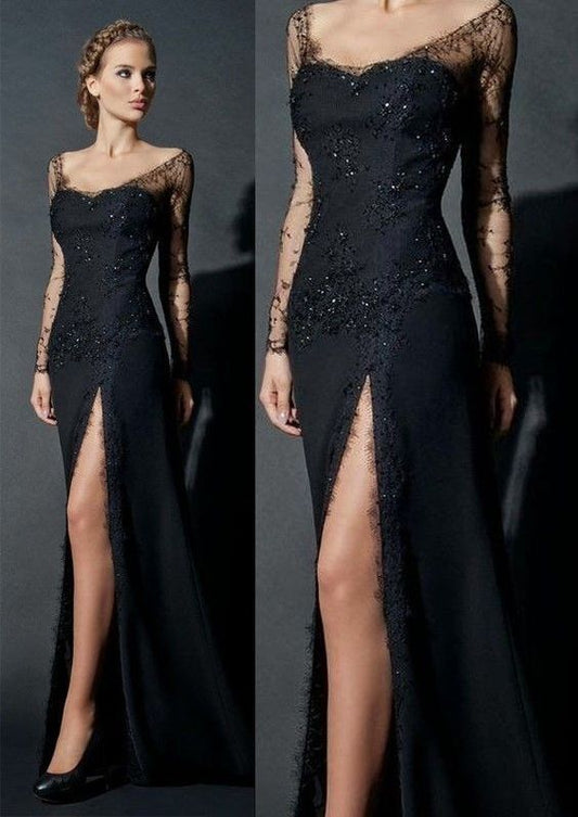 Black Elegnt Sheath Evening Dress, Long Sleeve Evening Dress, Elegant prom Dress cg2704