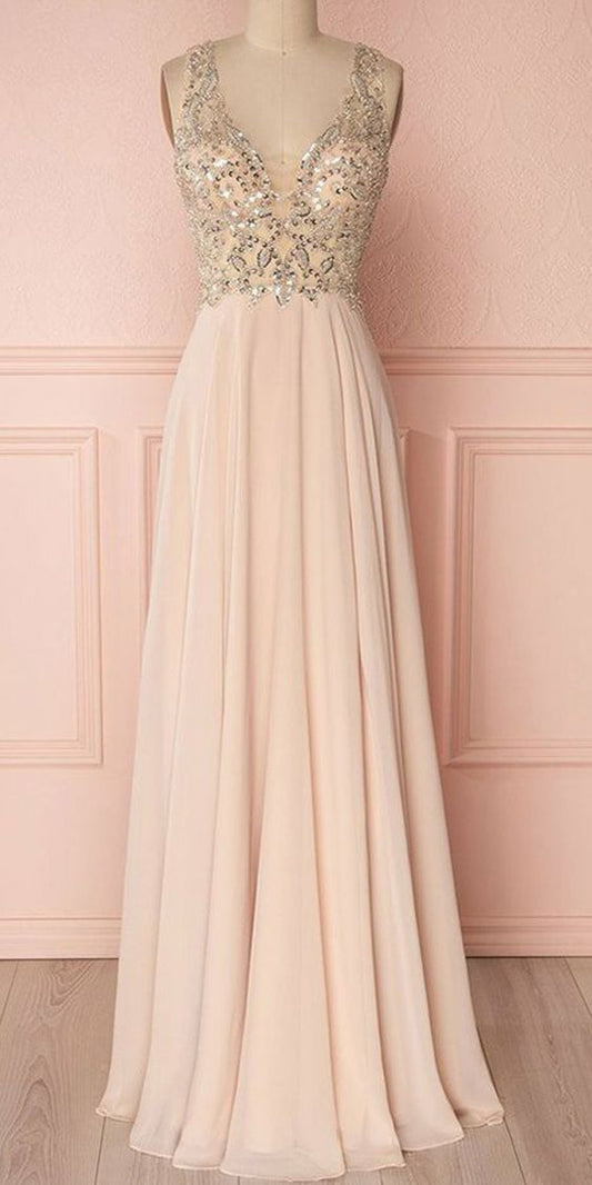 Pink v neck beads sequin long prom dress, pink evening dress cg2707