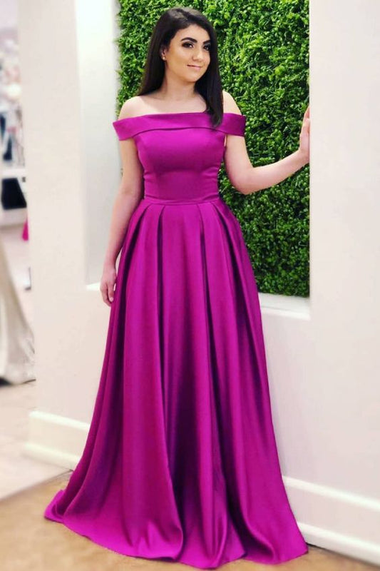Elegant Off the Shoulder Long Prom Dress in Fuchsia Color, Satin Prom Dress Formal Evening Dress cg2711