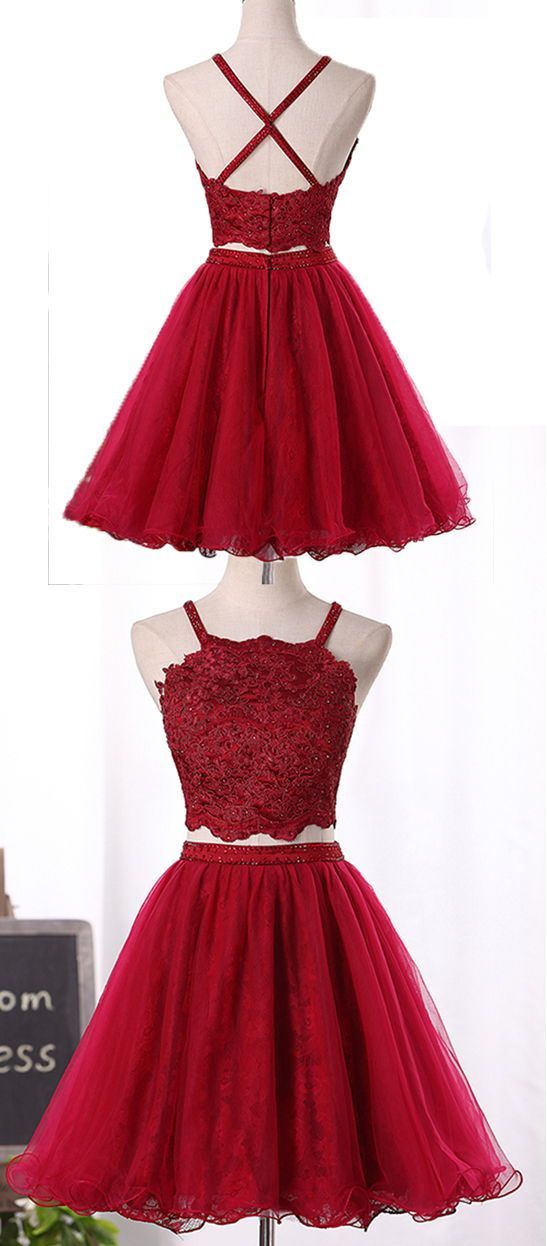 Wine Red Two Piece Tulle and Lace Homecoming Dress, Lovely Party Dresses 2019 cg2713