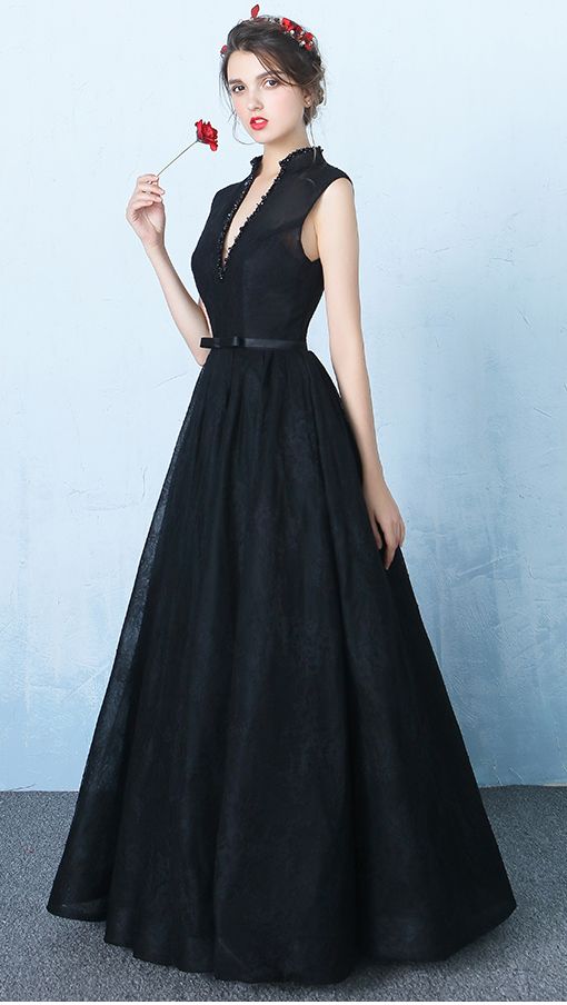 New Design Black Lace V Neck Prom Dresses,Stand up Neck Backless Ball Gown Prom Dress  cg2723